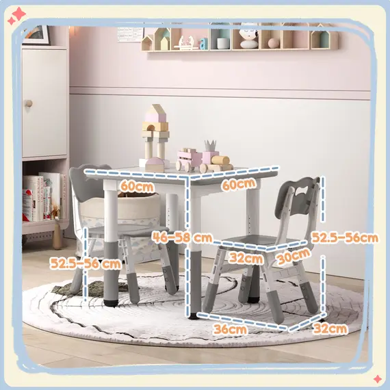 Buy Height Adjustable Toddler Table and Chair Set, 3 Pcs Children Activity Table w/ 2 Chairs, for Playroom, Bedroom - Grey, 3 image