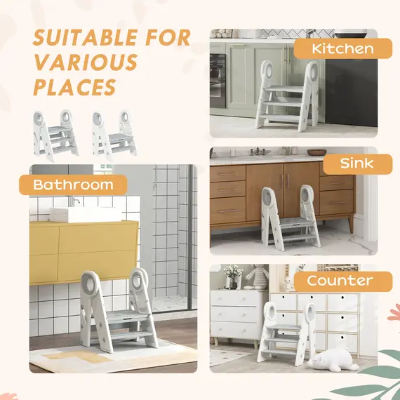 Buy Foldable and Adjustable Toddler Tower with Handle, Non-Slip, Grey, 7 image