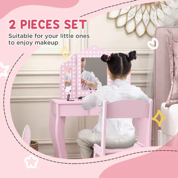 Buy Kids Dressing Table Sets with Stool and Tri-Fold Mirror, Drawer for Playroom, Bedroom - Pink, 4 image