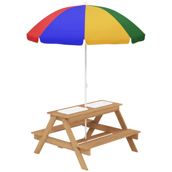 Buy Kids Picnic Table, Sand and Water Table with Wooden Benches, Adjustable Parasol and Storage Bins, Multicolour