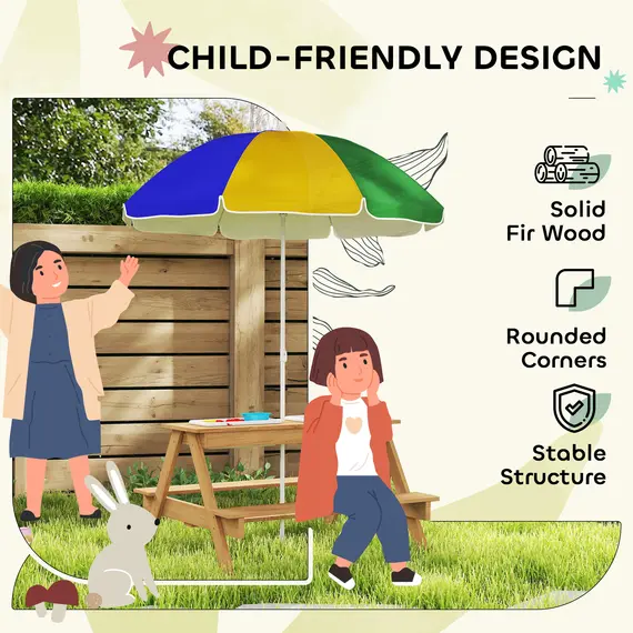 Buy Kids Picnic Table, Sand and Water Table with Wooden Benches, Adjustable Parasol and Storage Bins, Multicolour, 6 image