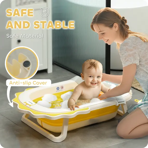 Buy Foldable Baby Bath Tub Set with Bath Cushion, Wash Basin, Non-Slip Stand, Bottom, Yellow, 6 image