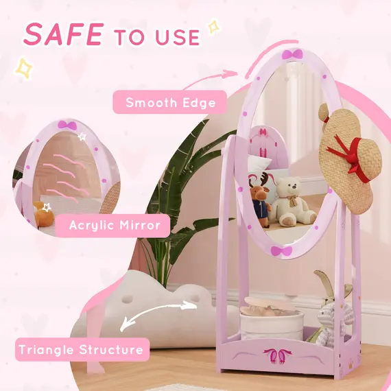 Buy Kids Full Length Mirror, 360° Rotating Children Standing Mirror with Storage Shelf, Pink, 5 image