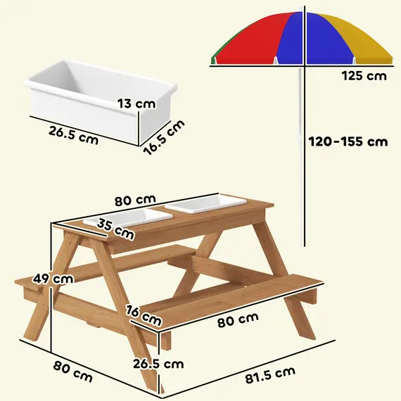 Buy Kids Picnic Table, Sand and Water Table with Wooden Benches, Adjustable Parasol and Storage Bins, Multicolour, 3 image