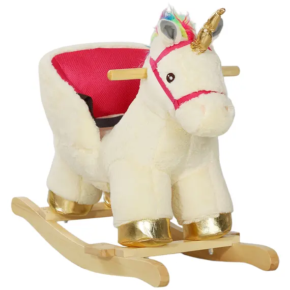 Buy Kids Rocking Horse with Realistic Sounds, Safety Belt, Wooden Base, for Ages 18-36 Months, Cream White