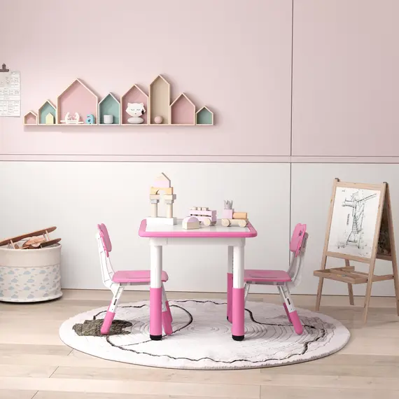 Buy  Height Adjustable Toddler Table and Chair Set, 3 Pcs Children Activity Table w/ 2 Chairs, for Playroom, Bedroom - Pink, 8 image