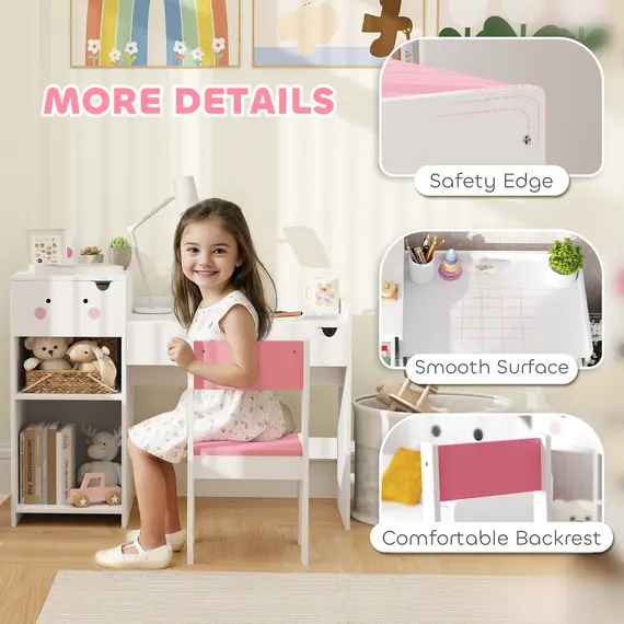 Buy Rabbit Themed Kids Desk and Chair Set with Bookcase, Drawers, Storage Shelves, for 3-6 Years, White, 6 image