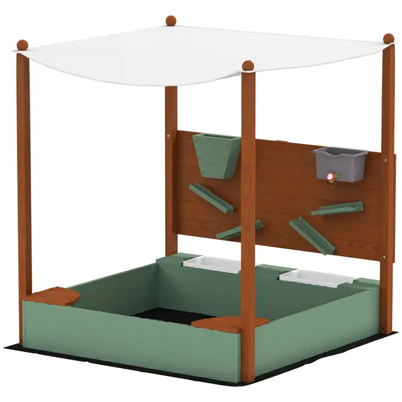 Buy Wood Sandpit with Canopy, Storage Bins, Funnel, Liner, Chutes, Bucket with Tap, 116 x 112.5 x 128 cm, Green