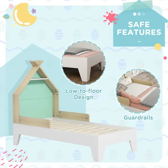 Buy Toddler Bed Frame Treehouse Style, Single Bed Frame with Safety Guardrails, Green, 5 image