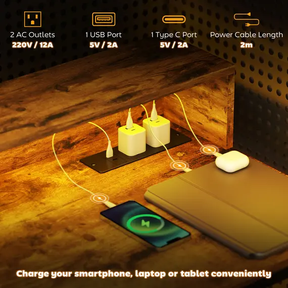 Buy 100cm Computer Desk with LED Lights and Power Outlets, Gaming Desk with Monitor Stand, Computer Table with Remote for Home Office Study, Rustic Brown, 5 image