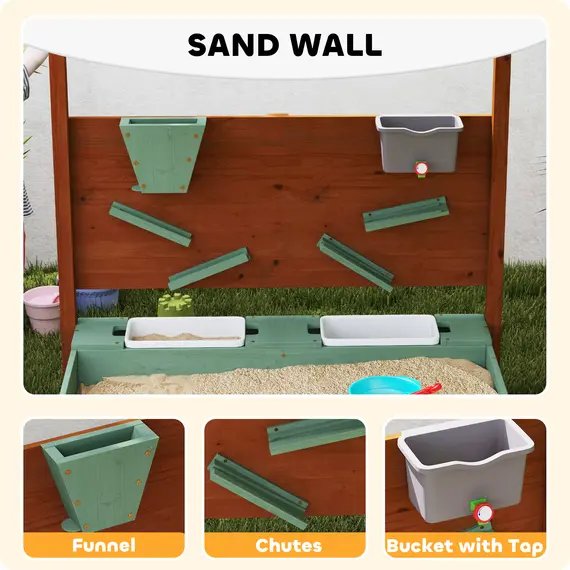 Buy Wood Sandpit with Canopy, Storage Bins, Funnel, Liner, Chutes, Bucket with Tap, 116 x 112.5 x 128 cm, Green, 4 image