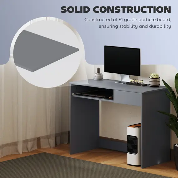 Buy 100cm Compact Computer Desk with Keyboard Tray, Home Office Desk with Drawer for Bedroom Study, Grey, 5 image