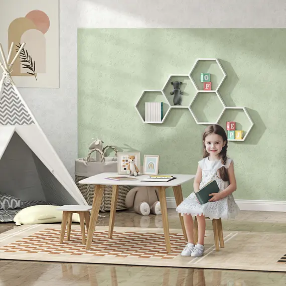 Buy Kids Table and Chair Set, 3-Piece Toddler Furniture Set for Playroom, Bedroom, Ages 3-8 Years, White, 2 image
