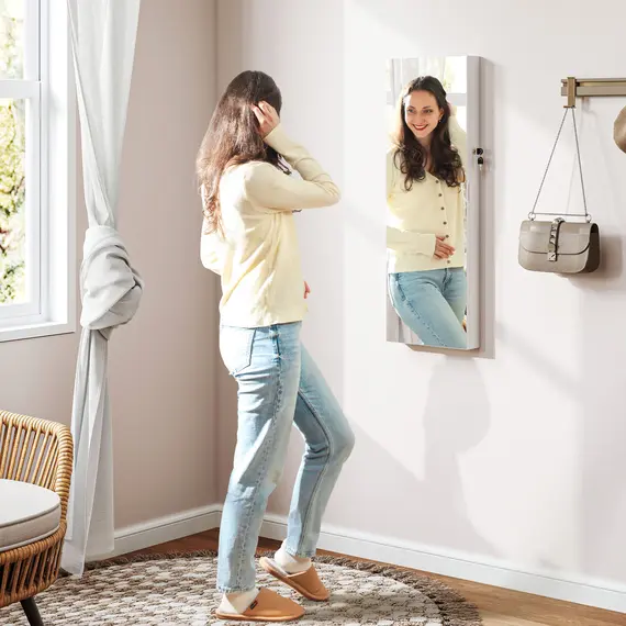 Buy 108 x 37cm Lockable Jewellery Cabinet, with LED Lights - White Surface and Black Lining, 2 image