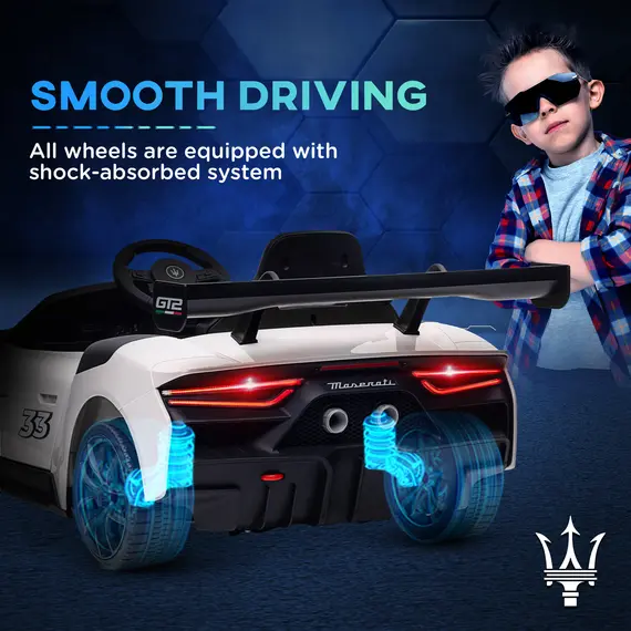 Buy Maserati GT2 Licensed 12V Kids Electric Ride on Car with 4 Suspension Wheels, Remote Control, Music, Horn, Lights, White, 6 image