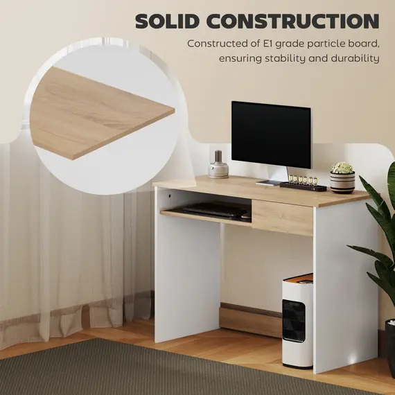Buy 100cm Compact Computer Desk with Keyboard Tray, Home Office Desk with Drawer for Bedroom Study, Oak, 5 image