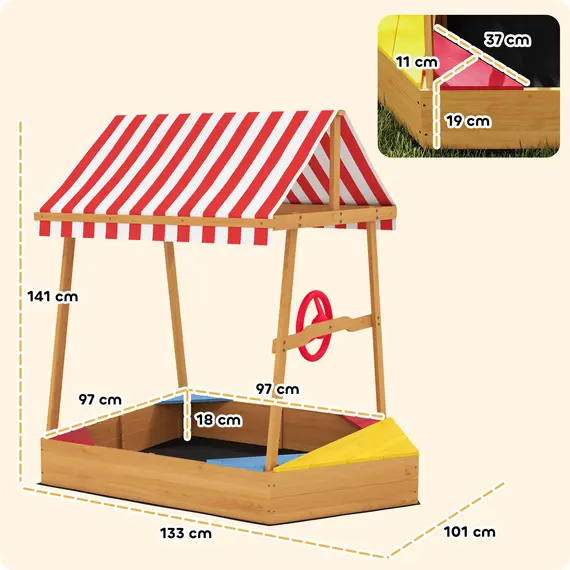 Buy Wooden Kids Sandpit Boat Style with Canopy, 4 Seats, Rudder, Bottom Liner, for Children 3-8 Years, Yellow, 3 image