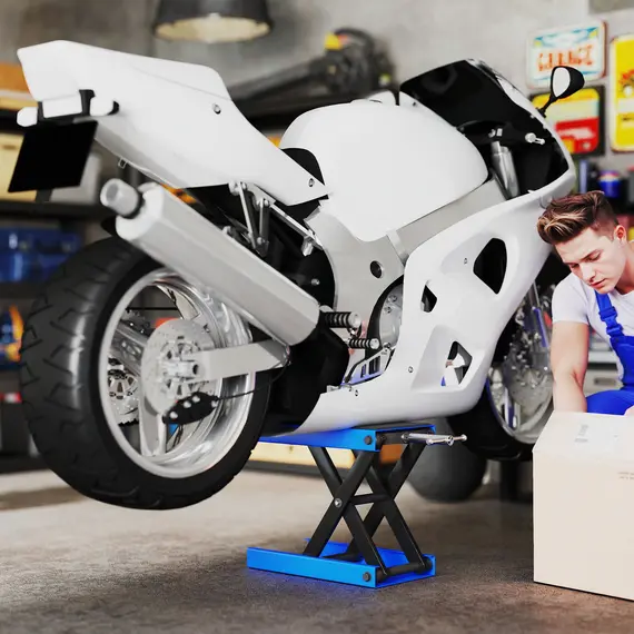 Buy 500KG Motorcycle Lift Scissor Jack, Height Adjustable Motorbike Stand with Anti-Slip Wide Deck, Heavy Duty Steel Motorbike Repair Lift Hoist Stand for Home Garage, Blue, 2 image