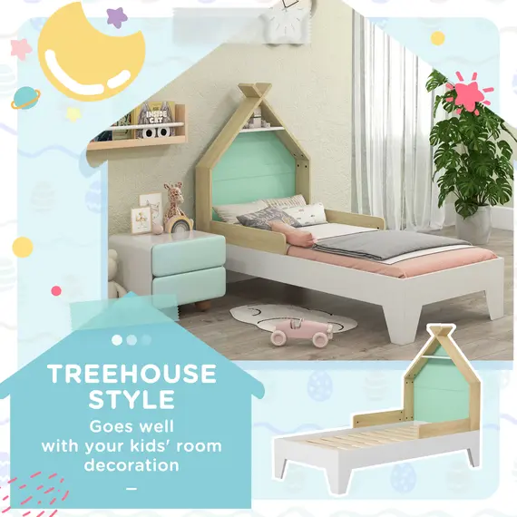 Buy Toddler Bed Frame Treehouse Style, Single Bed Frame with Safety Guardrails, Green, 6 image