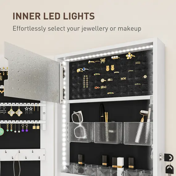 Buy 108 x 37cm Lockable Jewellery Cabinet, with LED Lights - White Surface and Black Lining, 5 image