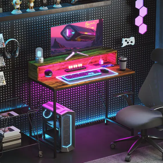 Buy 100cm Computer Desk with LED Lights and Power Outlets, Gaming Desk with Monitor Stand, Computer Table with Remote for Home Office Study, Rustic Brown, 8 image