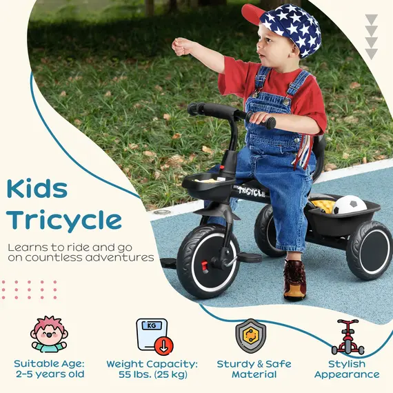 Buy Kids Trike for 2-5 Years with Adjustable Seat, Pedal, Baskets, Black, 4 image