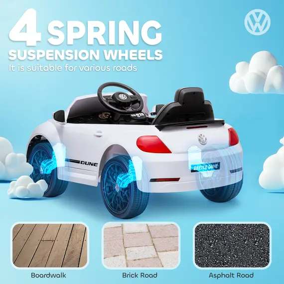 Buy Volkswagen Beetle Licensed 12V Ride on Car w/ Remote Control, Suspension Wheels, Soft Start, Lights, Music, White, 5 image