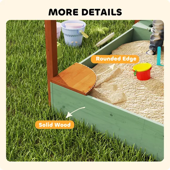 Buy Wood Sandpit with Canopy, Storage Bins, Funnel, Liner, Chutes, Bucket with Tap, 116 x 112.5 x 128 cm, Green, 8 image