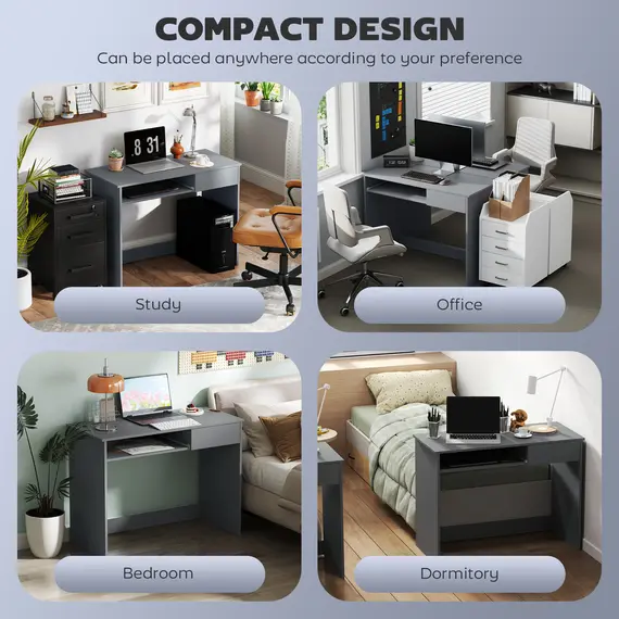 Buy 100cm Compact Computer Desk with Keyboard Tray, Home Office Desk with Drawer for Bedroom Study, Grey, 6 image