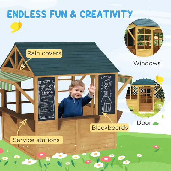 Buy Wooden Playhouse for Kids, Foldable Wendy House with Windows, Working Door, Service Stations, Rain Covers, Brown, 6 image