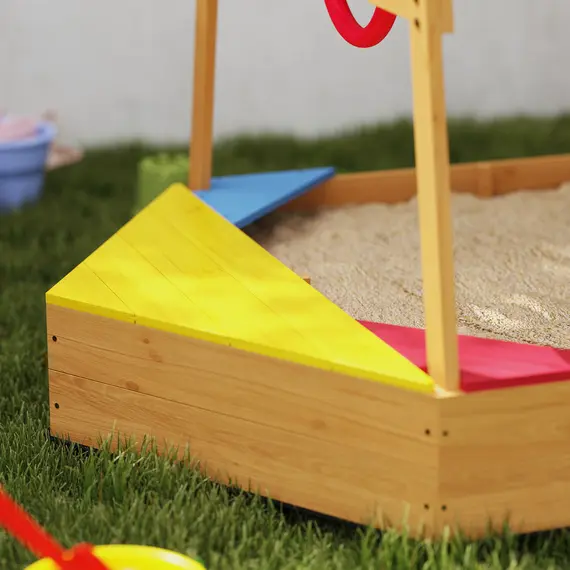 Buy Wooden Kids Sandpit Boat Style with Canopy, 4 Seats, Rudder, Bottom Liner, for Children 3-8 Years, Yellow, 9 image