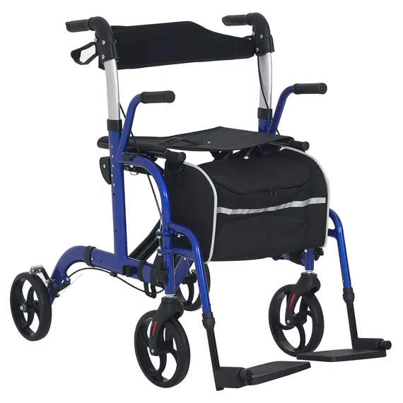 Buy 2 in 1 Wheelchair Transport Chair & Folding Rollator Walker with Seat, Backrest, Footrest, Lightweight Walking Frame with Bag, Adjustable Height, 4 Wheeled Walker for Seniors, Pearl Blue