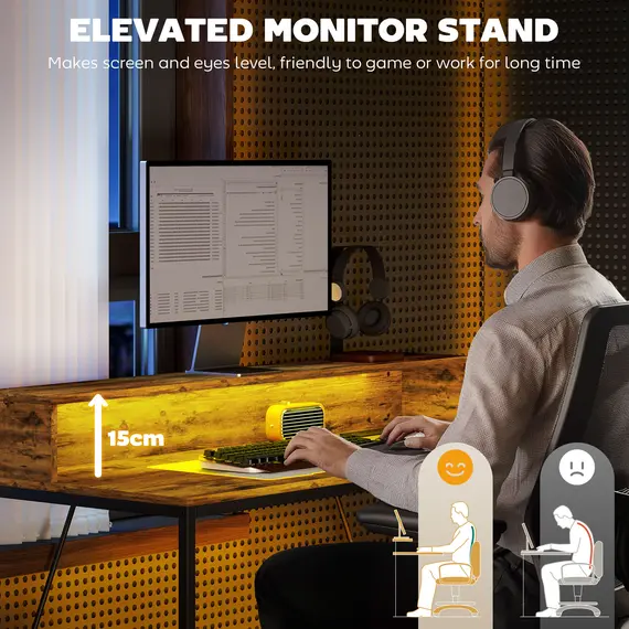 Buy 120cm Computer Desk with LED Lights and Power Outlets, Gaming Desk with Monitor Stand, Computer Table with Remote for Home Office Study, Rustic Brown, 6 image