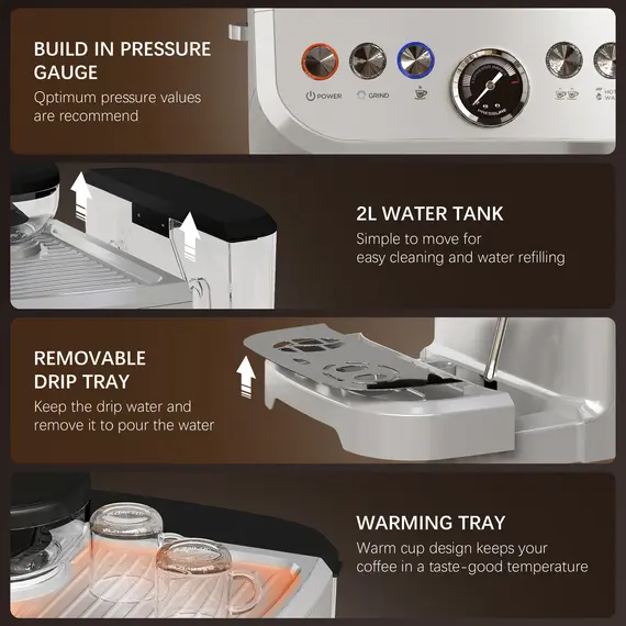 Buy 15 Bar Coffee Machine, with Adjustable Grind, Steamer and Accessories - Silver Colour, 8 image