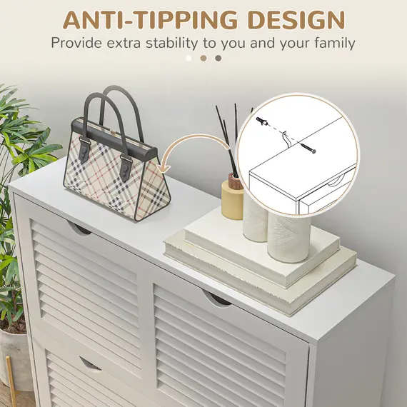 Buy 2 Drawers Entryway Shoe Cabinet, Narrow Shoe Storage Cabinet with 2 Flip Drawers, Louvred Door Design and Adjustable Shelves for 16 Pairs of Shoes, White, 7 image