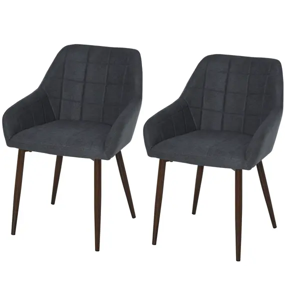 Buy 2 Pieces Linen-Touch Fabric Dining Chair with Grid Pattern Cushion and Backrest, Mid Back Leisure Chair with Steel Leg, Sponge Padded Armchair for Dining Room