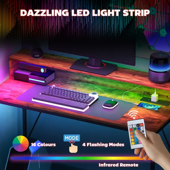 Buy 120cm Computer Desk with LED Lights and Power Outlets, Gaming Desk with Monitor Stand, Computer Table with Remote for Home Office Study, Rustic Brown, 4 image