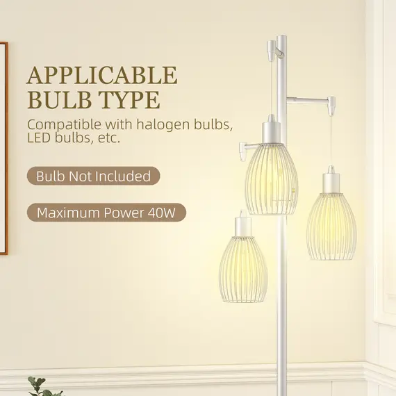 Buy 170cm Industrial 3-Light Floor Lamp, Dimmable Standing Lamp with Steel Lampshades for Living Room, Bedroom, Dinging Room, Study, Silver Tone, 7 image