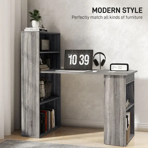 Buy 120cm Modern Computer Desk Bookshelf Study Table Workstation PC Laptop Writing Home Office 6 Shelves, Grey Wood-Effect, 4 image