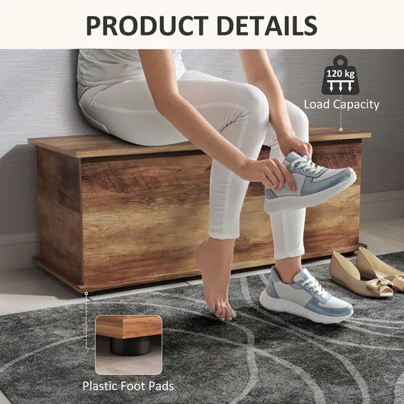 Buy 113L Storage Chest, Storage Box with Flip-Top Lid and 2 Safety Hinges, Storage Trunk for Living Room, Entryway, 100 x 40 x 40 cm, Brown Wood Grain, 6 image