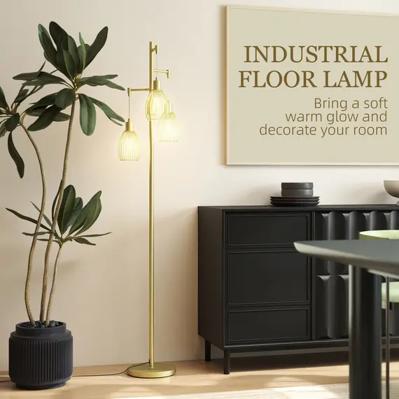 Buy 170cm Industrial 3-Light Floor Lamp, Dimmable Standing Lamp with Steel Lampshades for Living Room, Bedroom, Dinging Room, Study, Gold Tone, 5 image