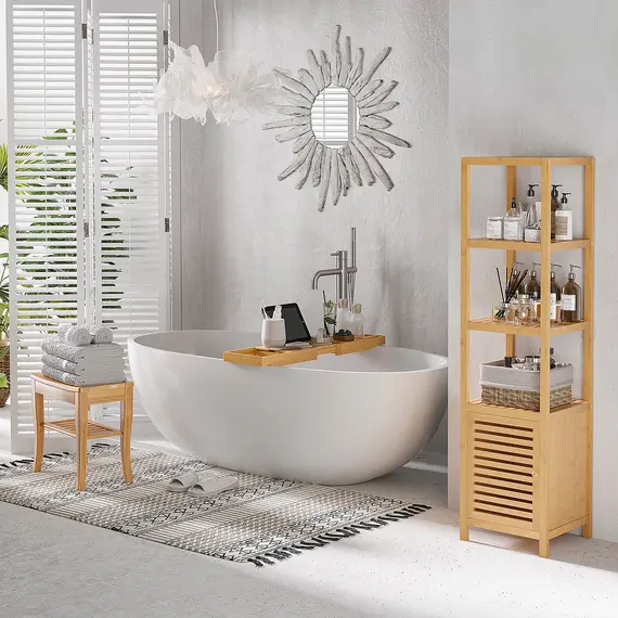 Buy 140cm Tall Bathroom Cabinet, Freestanding Storage Unit w/ 3 Shelves, Utility Organiser Cupboard for Home Kitchen, 2 image