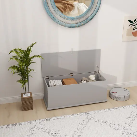 Buy 113L Storage Chest, Storage Box with Flip-Top Lid and 2 Safety Hinges, Storage Trunk for Living Room, Entryway, 100 x 40 x 40 cm, Grey, 2 image