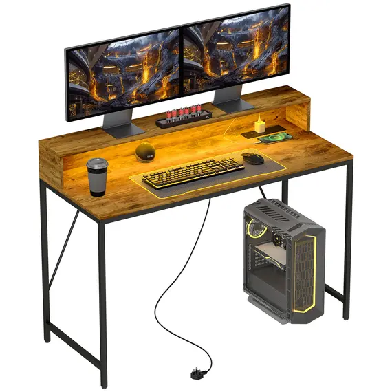 Buy 120cm Computer Desk with LED Lights and Power Outlets, Gaming Desk with Monitor Stand, Computer Table with Remote for Home Office Study, Rustic Brown