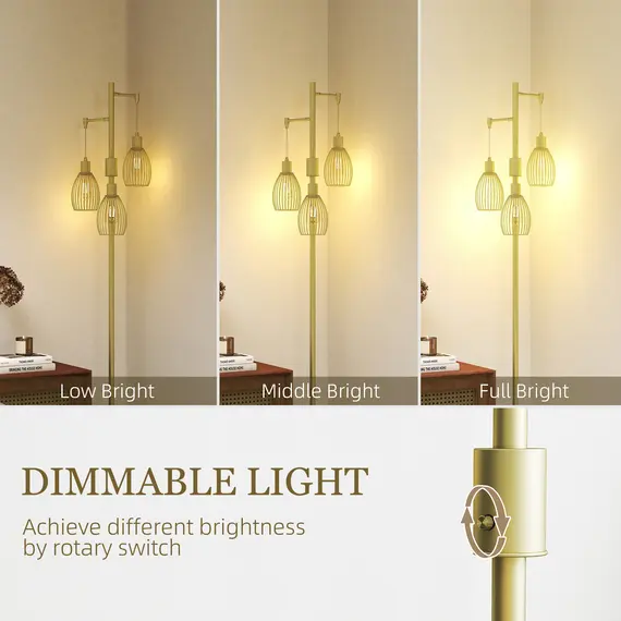 Buy 170cm Industrial 3-Light Floor Lamp, Dimmable Standing Lamp with Steel Lampshades for Living Room, Bedroom, Dinging Room, Study, Gold Tone, 4 image