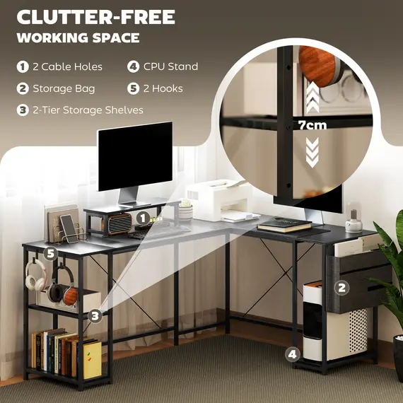 Buy 168cm Reversible L Shaped Desk, Industrial Corner Computer Desk with Adjustable Shelf and Storage Bag, 240cm 2 Person Desk with Monitor Stand, Black, 4 image