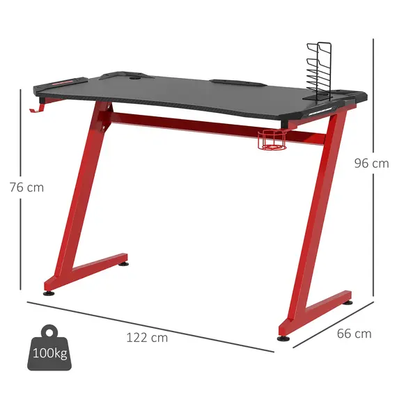 Buy 122 x 66 cm Gaming Desk, Carbon Fibre Covered Computer Desk, Gamer Workstation with Headphone Hook, Cup Holder and Gamepad Storage Rack, Black and Red, 3 image