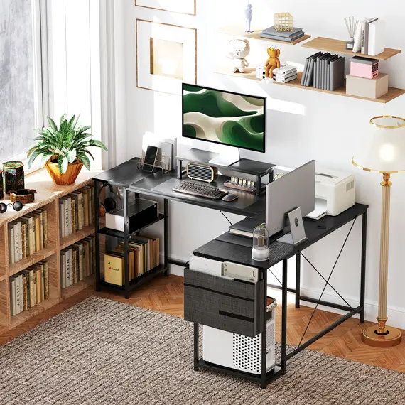 Buy 168cm Reversible L Shaped Desk, Industrial Corner Computer Desk with Adjustable Shelf and Storage Bag, 240cm 2 Person Desk with Monitor Stand, Black, 9 image