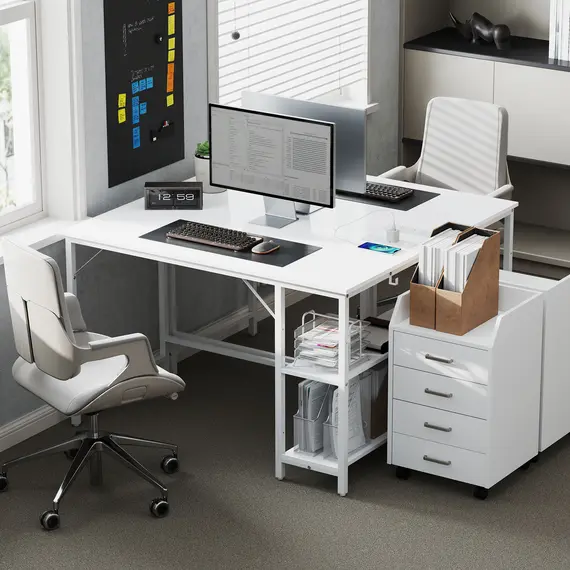 Buy 120 x 60 cm Computer Desk with Power Outlets and Reversible Shelves - White, 8 image