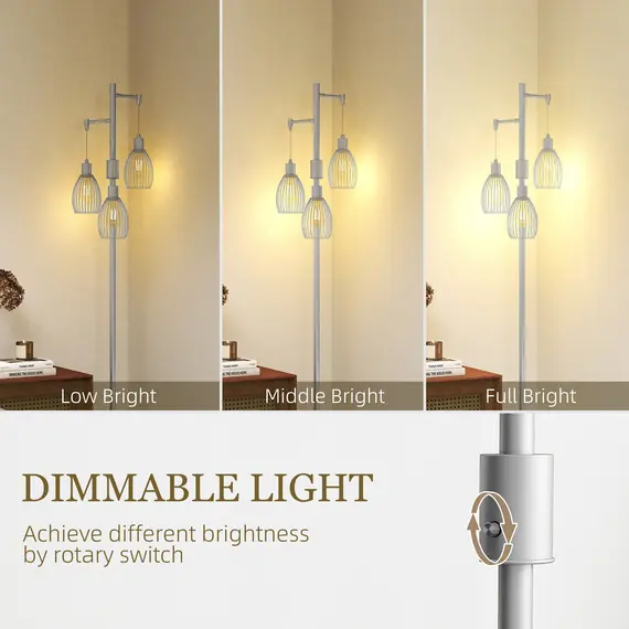 Buy 170cm Industrial 3-Light Floor Lamp, Dimmable Standing Lamp with Steel Lampshades for Living Room, Bedroom, Dinging Room, Study, Silver Tone, 4 image